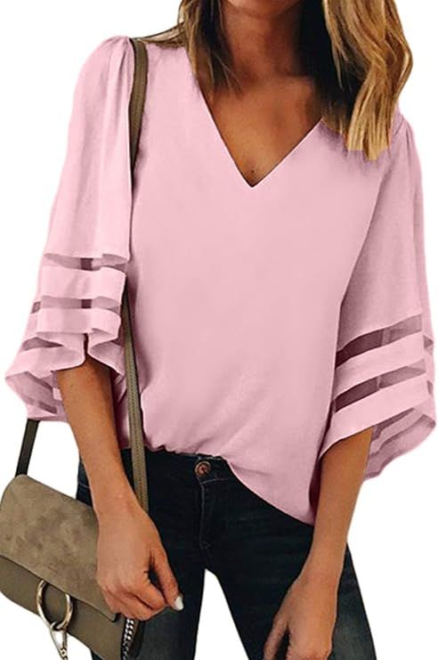 BLENCOT Womens 3/4 Bell Sleeve V Neck Lace Patchwork Blouse Casual Loose Shirt Tops | Amazon (US)