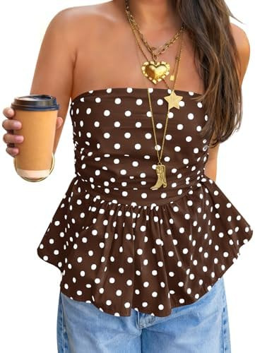 Tankaneo Womens Strapless Polka Dot Tube Tops Cute Backless Peplumn Ruffle Hem Bandeau Top Slim F... | Amazon (US)