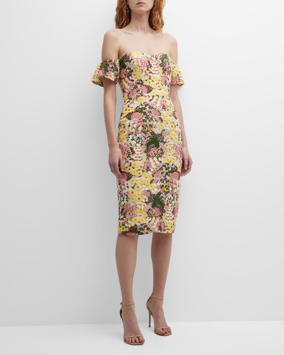 Dress The Population Tara Off-Shoulder Floral-Embroidered Midi Dress | Neiman Marcus