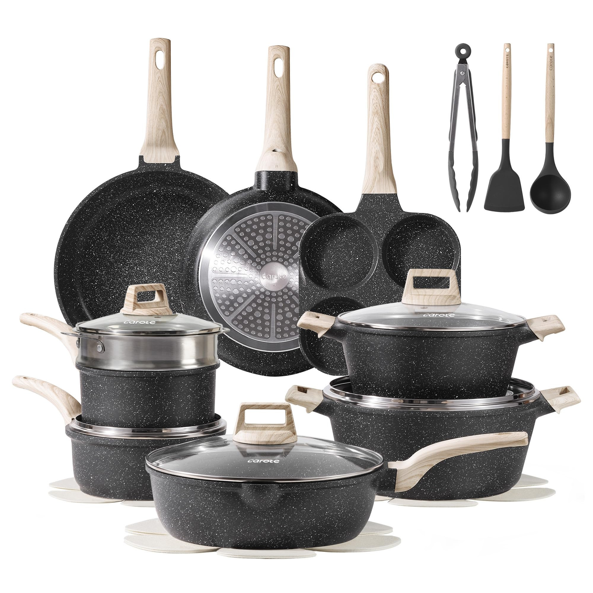 CAROTE 21pcs Pots and Pans Set Nonstick, Cookware Set Black Granite Induction Kitchen Cooking Set... | Amazon (US)