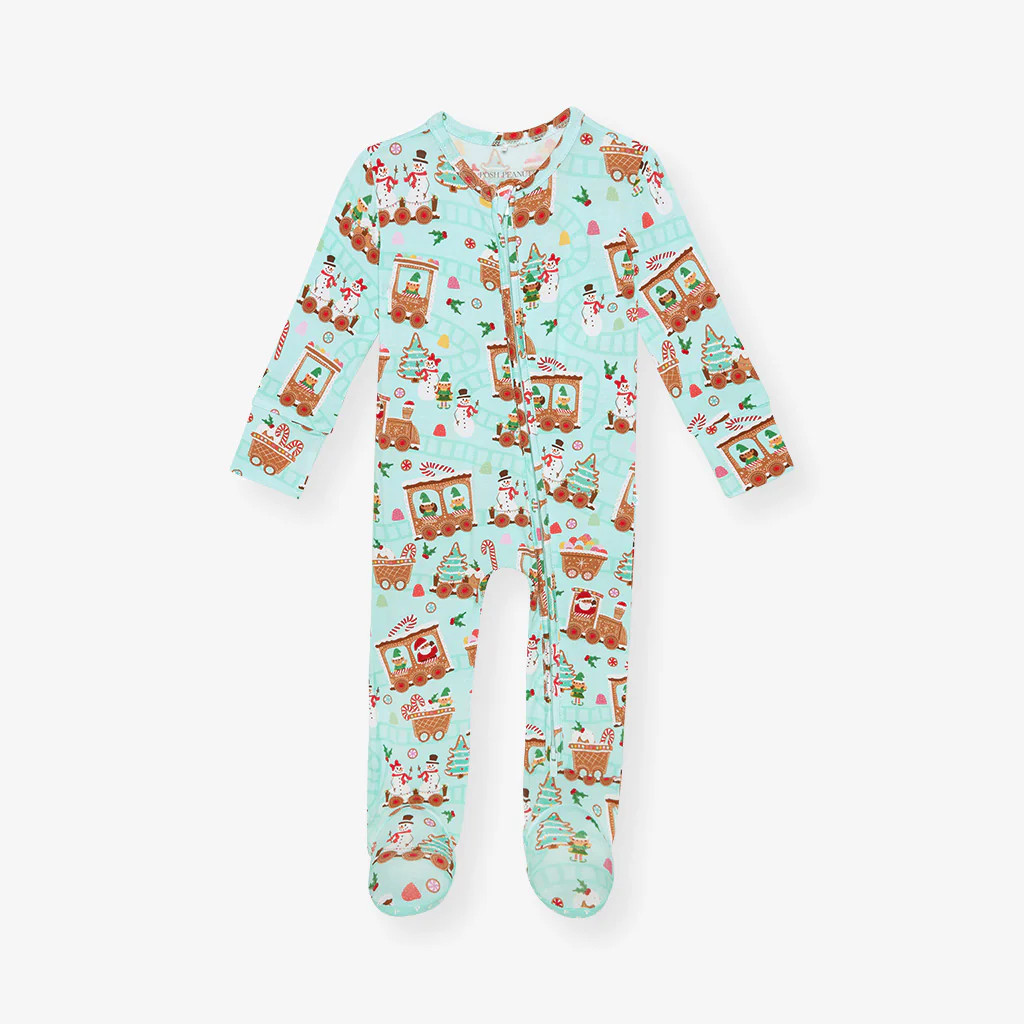Holiday Green One Piece Baby Footie Pajamas | Gingerbread Train | Posh Peanut