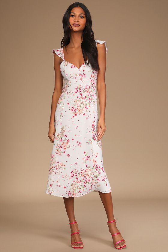 Love Grows Strong Ivory Floral Print Ruffled Midi Dress | Lulus (US)