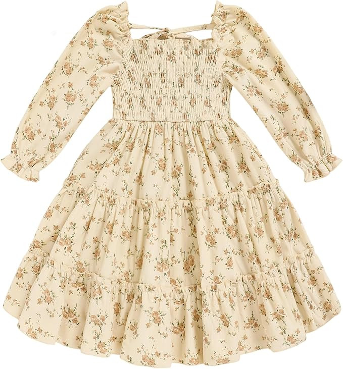 Toddler Girl Dress Long Sleeve Baby Floral Smocked Square Neck Playwear Dress | Spring Fall Casua... | Amazon (US)