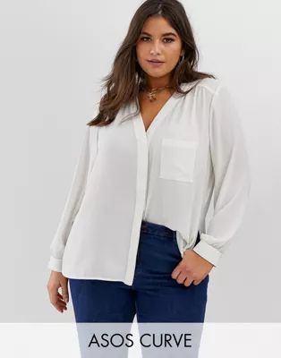 ASOS DESIGN Curve long sleeve blouse with pocket detail | ASOS (Global)