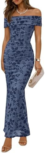 ZESICA Women's Summer Off Shoulder Floral Bodycon Maxi Dress 2026 Ruched Elegant Formal Cocktail ... | Amazon (US)