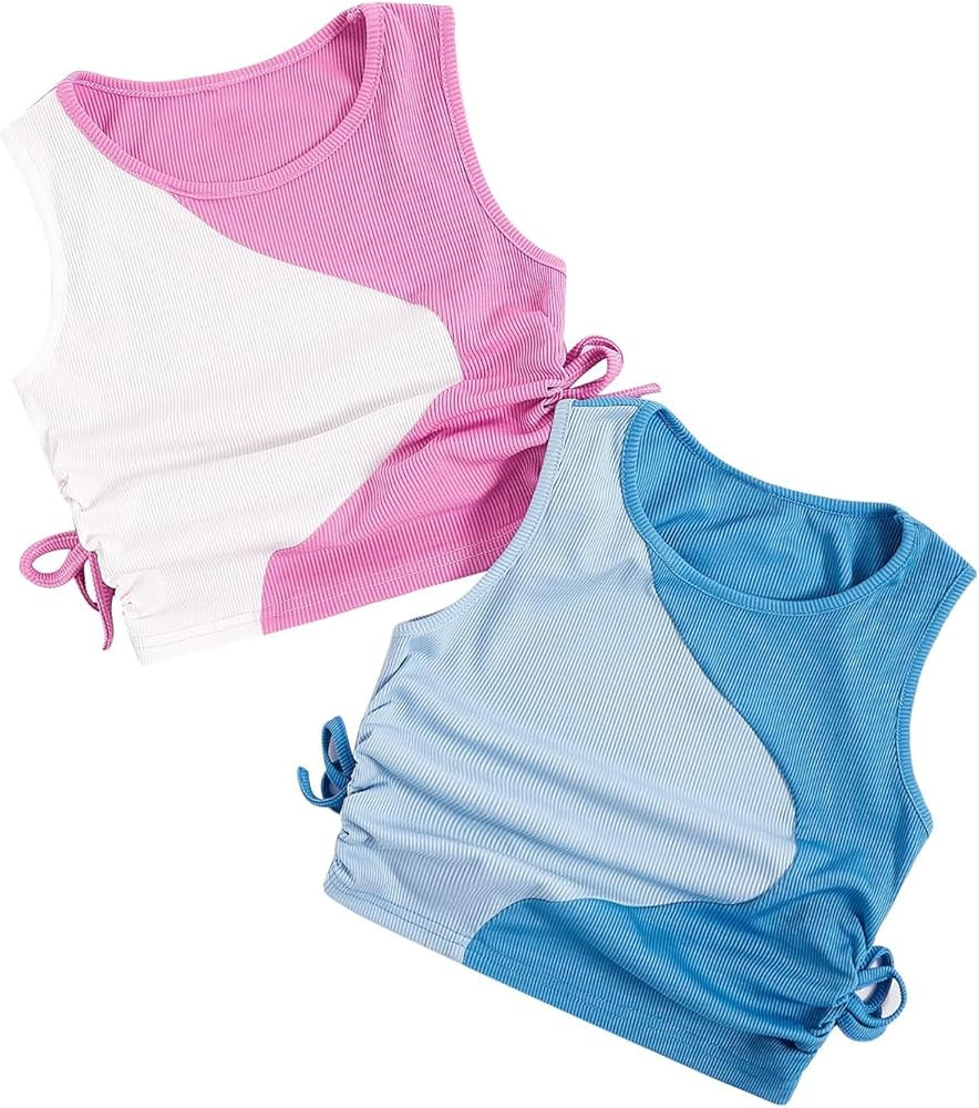 Milumia Girl's 2 Pack Color Block Ruched Knot Side Knit Round Neck Crop Tank Tops | Amazon (US)