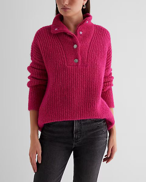 London Fuzzy Knit Embellished Quarter Snap Oversized Sweater | Express