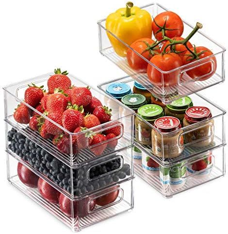 Set Of 6 Refrigerator Organizer Bins - Stackable Fridge Organizers with Cutout Handles for Freezer,  | Amazon (US)