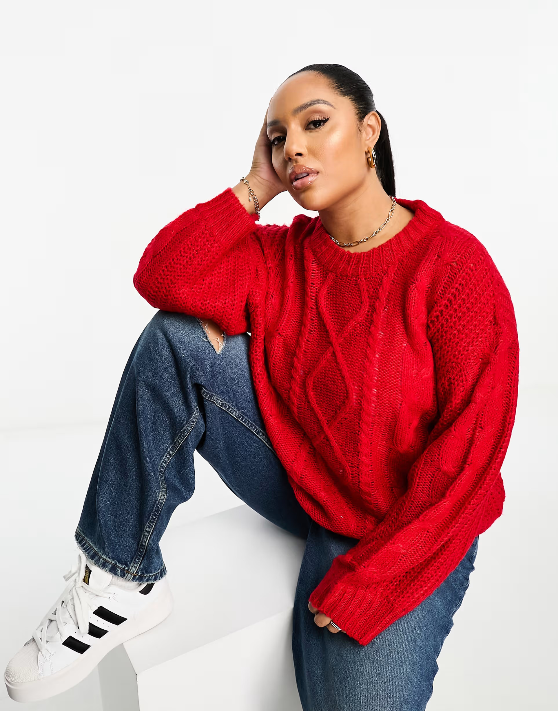Brave Soul Plus tokyo oversized cable knit sweater in red | ASOS (Global)