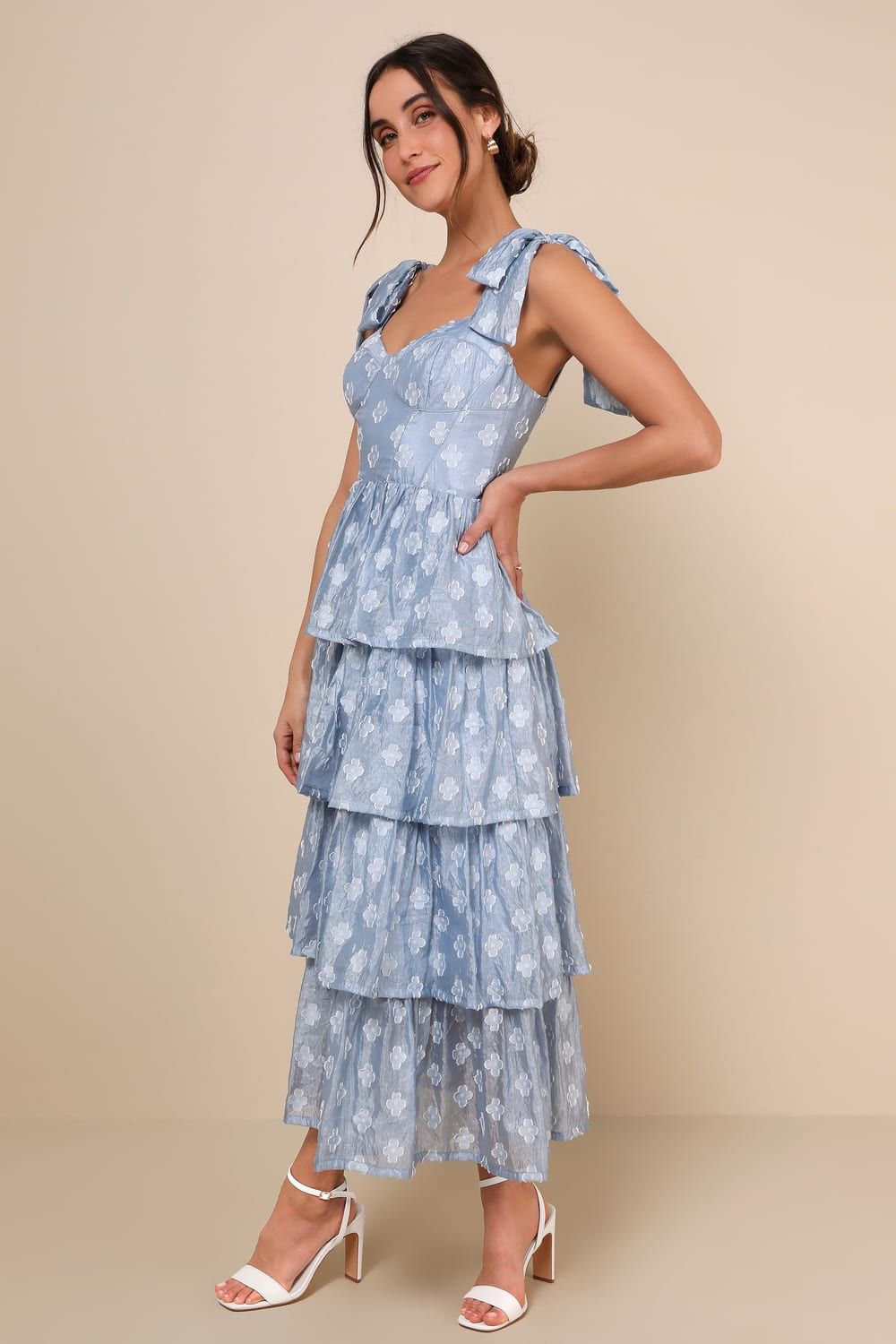 Gorgeous Excellence Light Blue Floral Burnout Tiered Midi Dress | Lulus