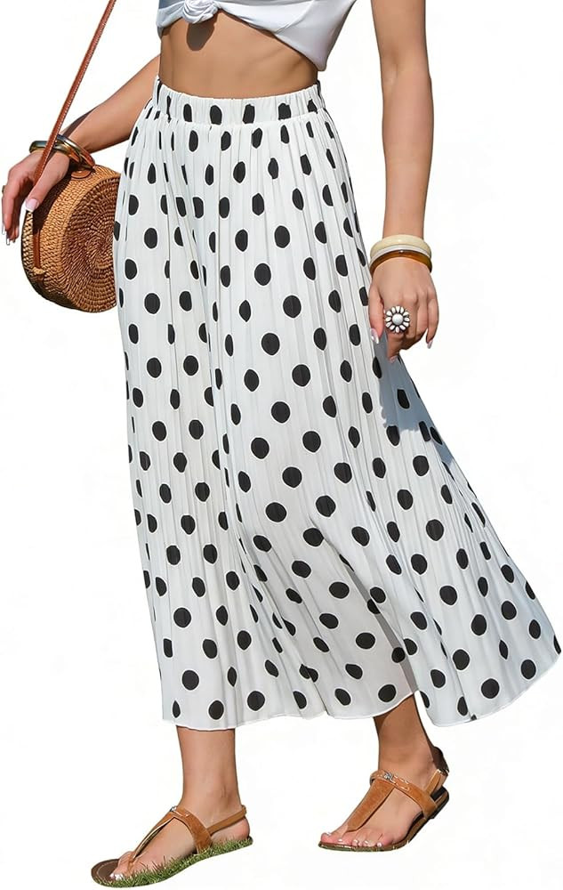 Amazon.com: EXLURA Womens High Waist Polka Dot Pleated Maxi Long Skirt Floral Midi Swing Skirt Bo... | Amazon (US)