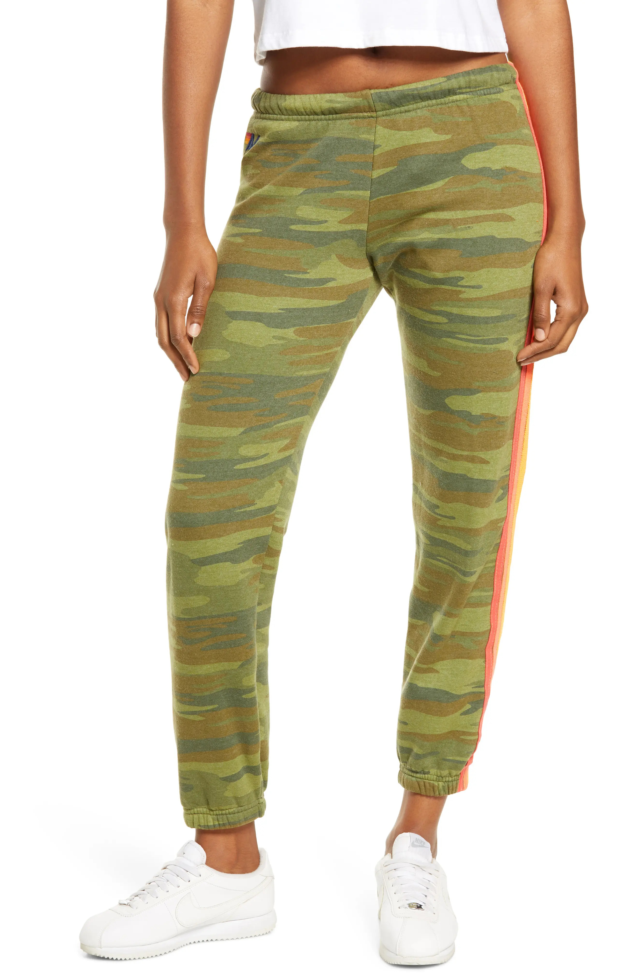 Aviator Nation Four Stripe Sweatpants in Camo/Neon at Nordstrom, Size Small | Nordstrom