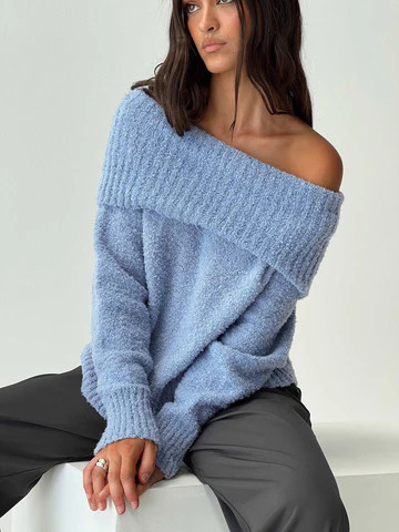 Parkley Boucle Off The Shoulder Sweater Blue | Princess Polly US