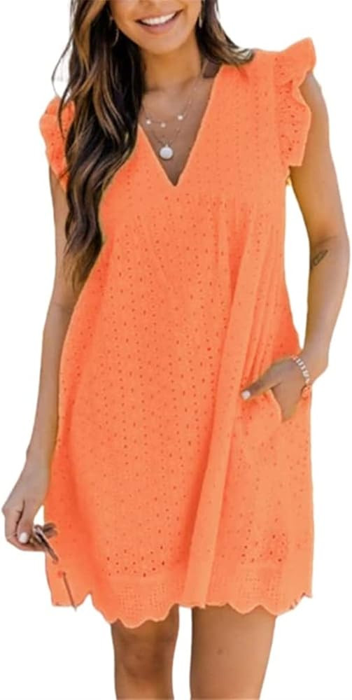 AELSON Women's Sexy Summer V Neck Dress with Short Loose Ruffle Sleeve California Romper Dress | Amazon (US)