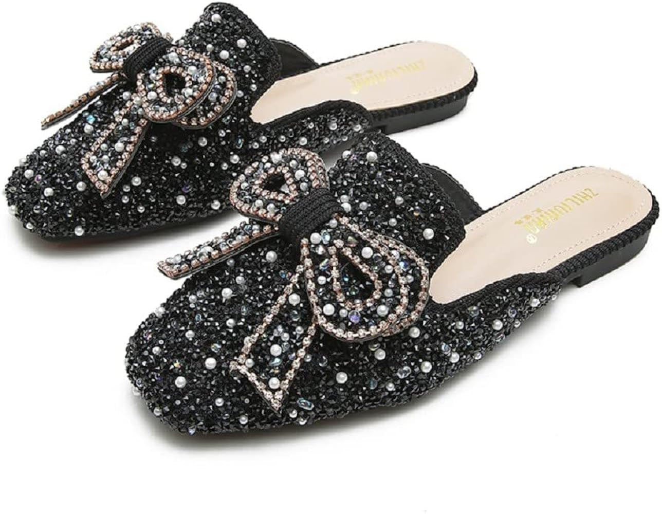 SAFECAMS Women's Rhinestone Bow Flat Mules Comfortable Square Toe Slip on Penny Loafers Ladies Ba... | Amazon (US)