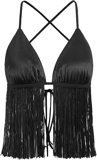 Verdusa Women's Crisscross Tie Backless Fringe Hem Sleeveless Satin Crop Cami Top | Amazon (US)