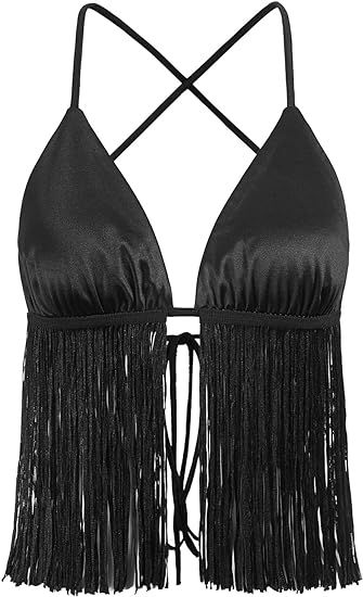 Verdusa Women's Crisscross Tie Backless Fringe Hem Sleeveless Satin Crop Cami Top | Amazon (US)