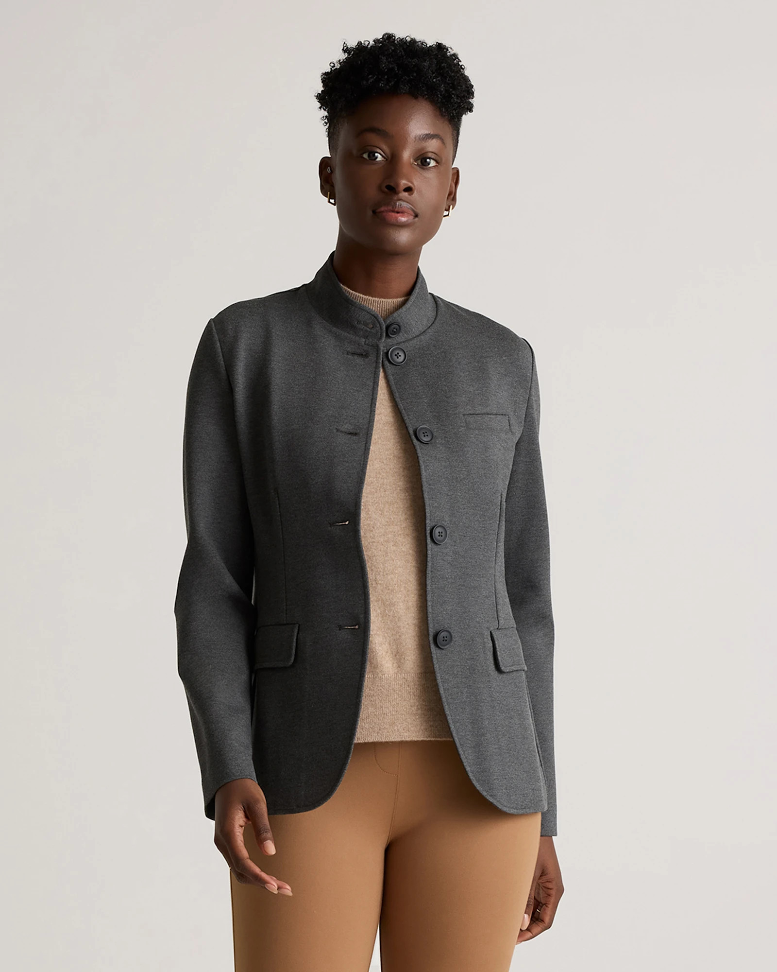 Quince | Women's Ultra-Stretch Ponte Stand Collar Blazer in Black, Size Medium, Rayon | Quince