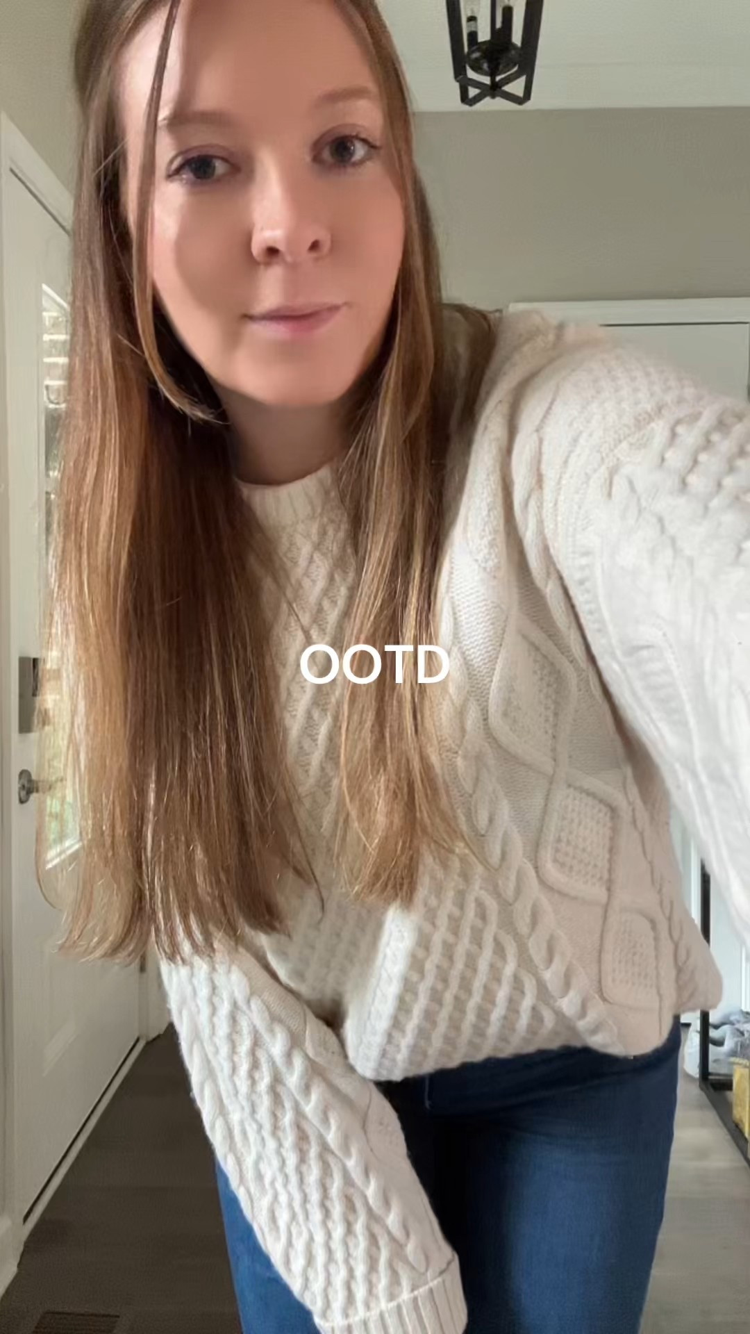 Ivory cable knit sweater / tts wearing a medium 
White tee / tts wearing a medium 
Flared jeans / tts 
Suede booties 

#LTKSaleAlert #LTKFindsUnder100 #LTKootd