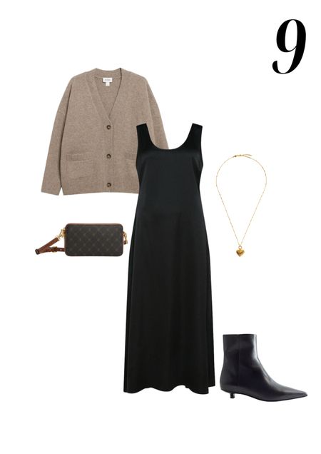 Styling a black slip dress with a beige/brown cardigan, gold heart necklace, brown print crossbody handbag and black ankle boots with kitten heels

#LTKfindsunder100 #LTKstyletip