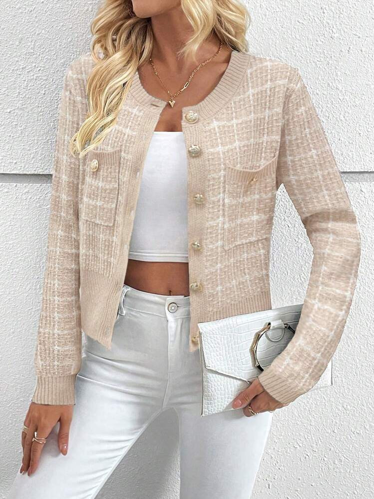 EMERY ROSE Plaid Pattern Patch Pocket Cardigan,Long Sleeve Tops Fall Winter Cloth For Women | SHEIN