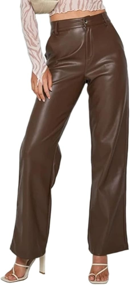 RINTONIX Women High Waist Solid Casual Straight Leg Leather Pants with Pockets Stretch Wide Leg L... | Amazon (US)