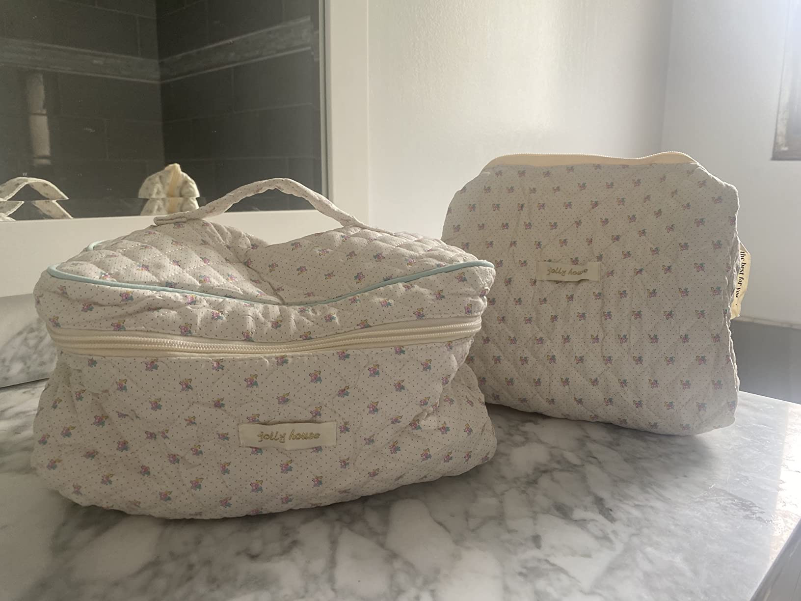 Zeyune 2 Pcs Cotton Quilted Makeup Bag Large Travel Coquette Makeup Bag Aesthetic Cute Cherry Flo... | Amazon (US)