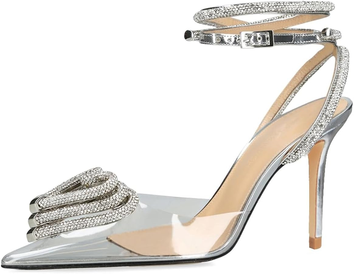 Ancomafio Rhinestone Heels For Women Stiletto Heel Three Heart Clear Heels Strappy Sandals Pointe... | Amazon (US)