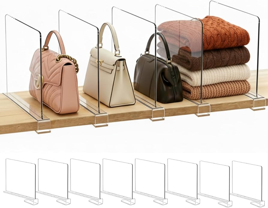 SortNStore Shelf Dividers Purse Organizer for Closet: 8-Pack Acrylic Bag Storage Organizer for Ha... | Amazon (US)