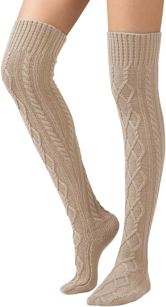 SherryDC Women's Cable Knit Thigh High Boot Socks Extra Long Winter Stockings Leg Warmers | Amazon (US)