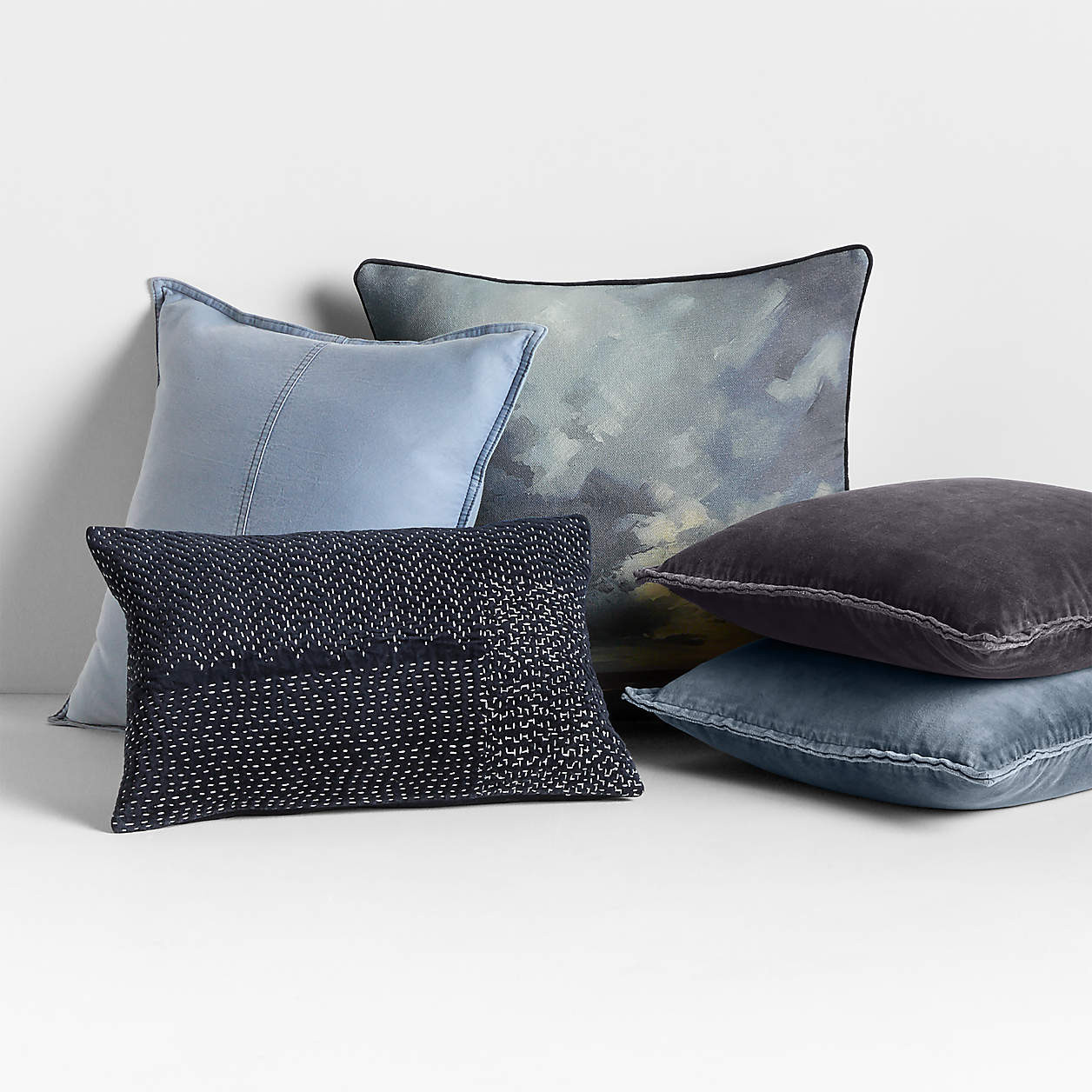 Relaxed Washed Organic Cotton Velvet 20"x20" Deep Sea Blue Throw Pillow with Down-Alternative Ins... | Crate & Barrel