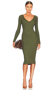 NBD Bekah Deep V Midi Dress in Olive Green from Revolve.com | Revolve Clothing (Global)