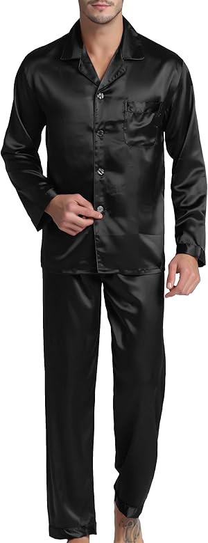 Men's Satin Pajamas Long Button-Down Pj Set Sleepwear Loungewear | Amazon (US)
