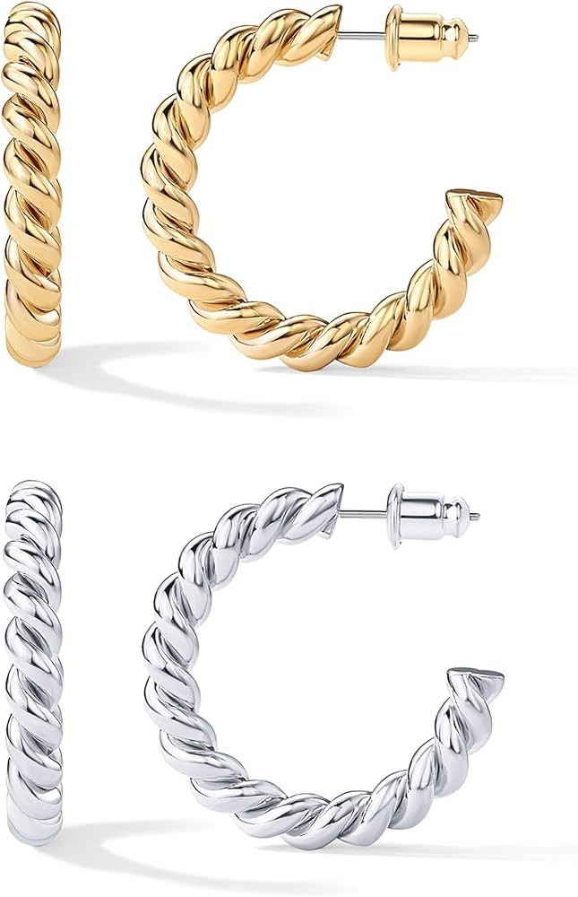 PAVOI 14K Gold Plated Twisted Rope Round Hoop Earrings in Rose Gold, White Gold and Yellow Gold | Amazon (US)