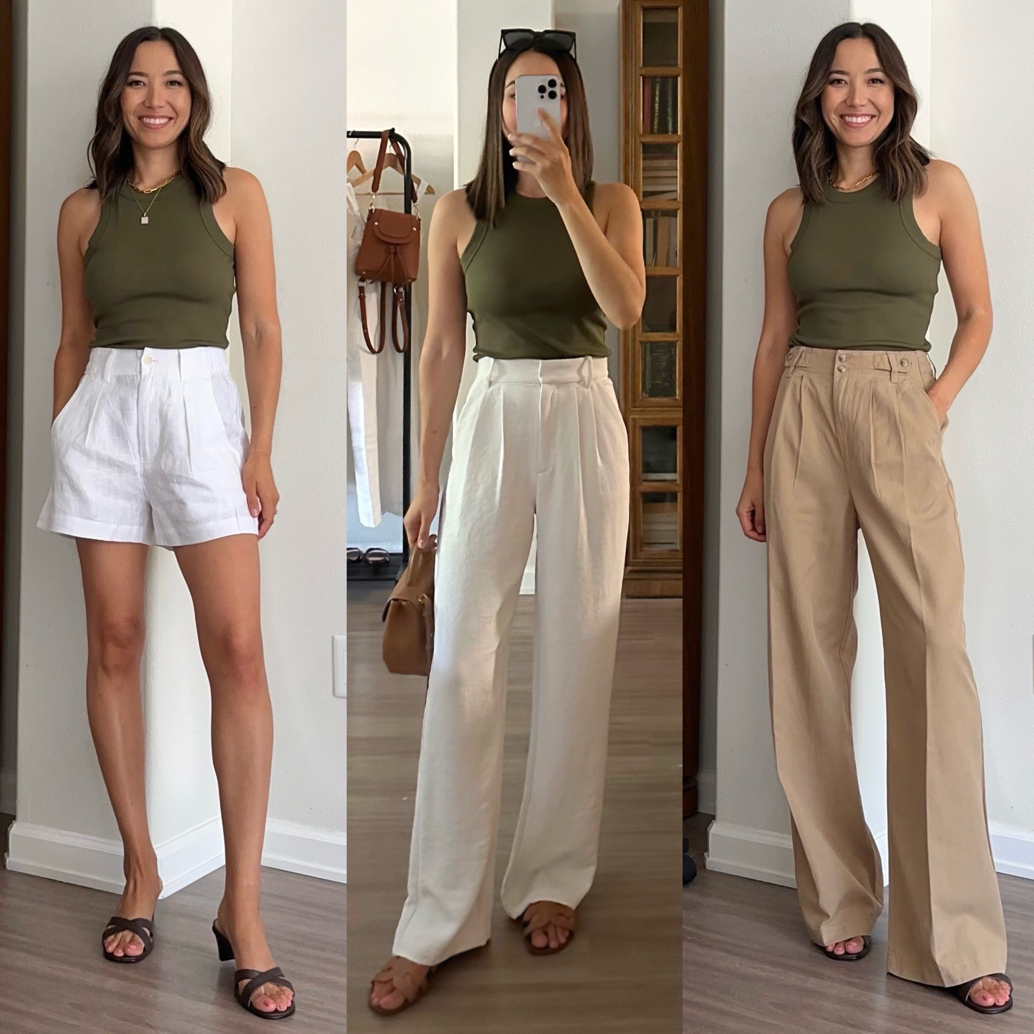 Smart casual summer outfits styling olive green 🖤 

• Tank xs 
• Madewell Shorts xs (on sale for 30% off with code: HOTDEAL) 
• Madewell wide pants 25, runs small ok waist 
• Abercrombie Camel pants 23 runs big 

The T3 straightener & curling iron & texture spray I use are part of the nsale! 

#LTKxNSale #LTKunder100 #LTKstyletip
