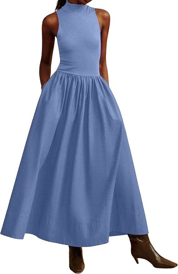 Sleeveless Maxi Dress for Women Patchwork Turtleneck Pullover Dresses with Pocket Casual Plain Fl... | Amazon (US)
