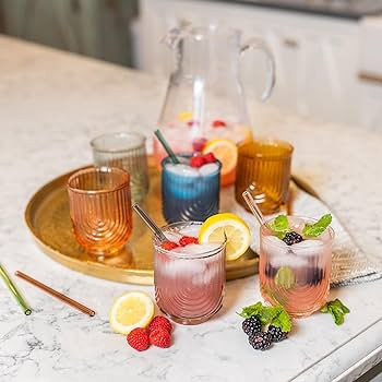 Handmade Colorful Lowball Glasses - 12 Oz Art Deco Cocktail Glasses Set of 6 with Straws & Straw ... | Amazon (US)