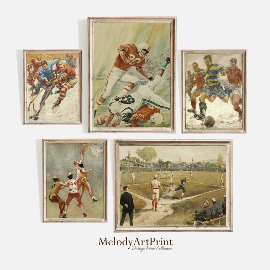 Vintage Nursery Art Gallery Wall, Sports Home Decor Set, Boy's Room Prints, Baseball, Hockey, Bas... | Etsy (US)