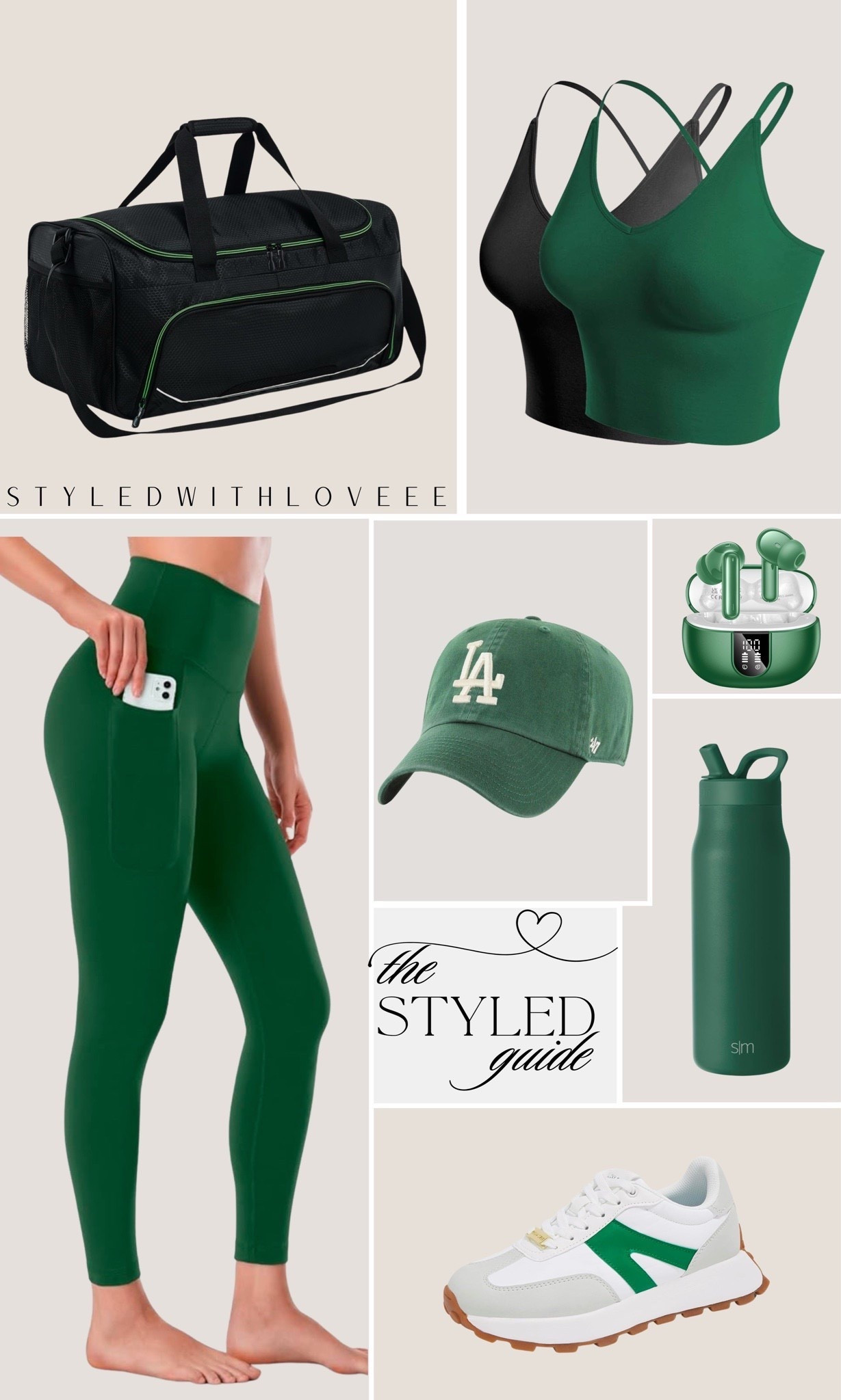 Go all in with this deep green workout set—flattering, functional, and effortlessly stylish. Pair with supportive sneakers and a classic LA cap for that sporty-chic vibe. Keep your essentials in a sleek duffle bag, stay hydrated with a matching water bottle, and power through workouts with wireless earbuds. 



#LTKActive #LTKfitnessgoals #LTKootd