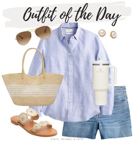 Summer outfit of the day! Casual Oxford cloth shirt and jean shorts #ootd #summeroutfit