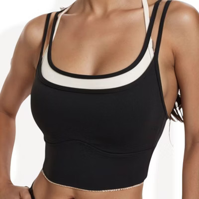 Anna-Kaci Active Women's Double Layered Scoop Neck Sports Bra with Contrast Trim - Large, Black | Target