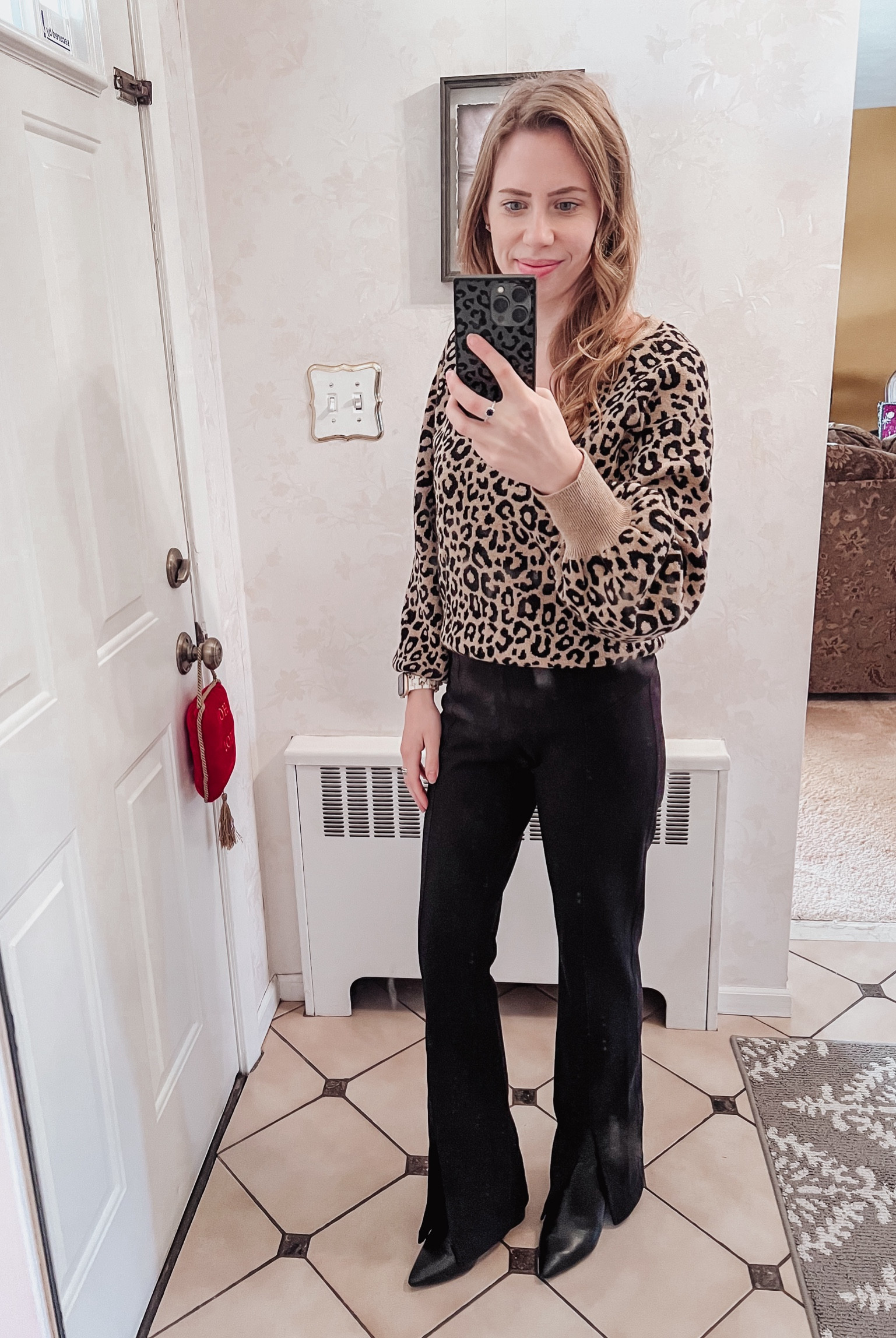 Leopard sweater / split hem pants / black booties / winter workwear  

#LTKworkwear #LTKSeasonal #LTKstyletip