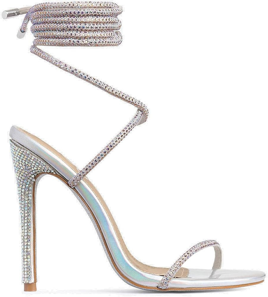 MissHeel Lace Up Rhinestone High Heel Sandals Silver | Amazon (US)
