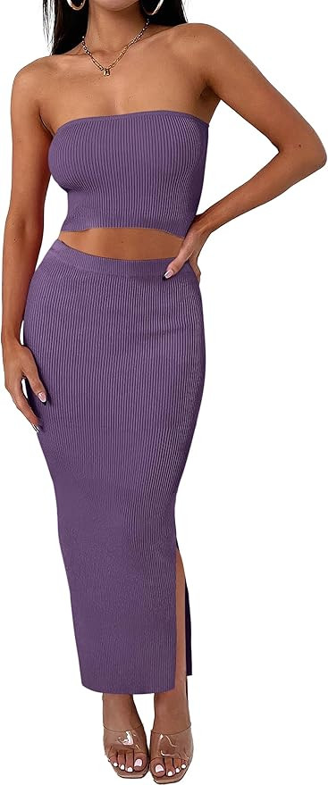 ANRABESS Women 2 Piece Outfits Maxi Skirt Sets 2025 Summer Ribbed Knit Tube Crop Tops Sexy Bodyco... | Amazon (US)