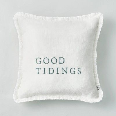 14" x 14" Embroidered 'Good Tidings' Decor Pillow Green/White - Hearth & Hand™ with Magnolia | Target