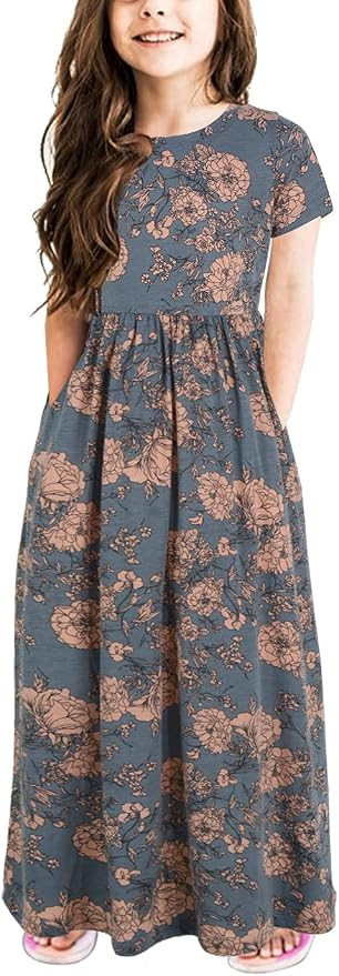 GORLYA Girl's Short Sleeve Floral Print Loose Casual Long Maxi Dress with Pockets 4-12 Years | Amazon (US)