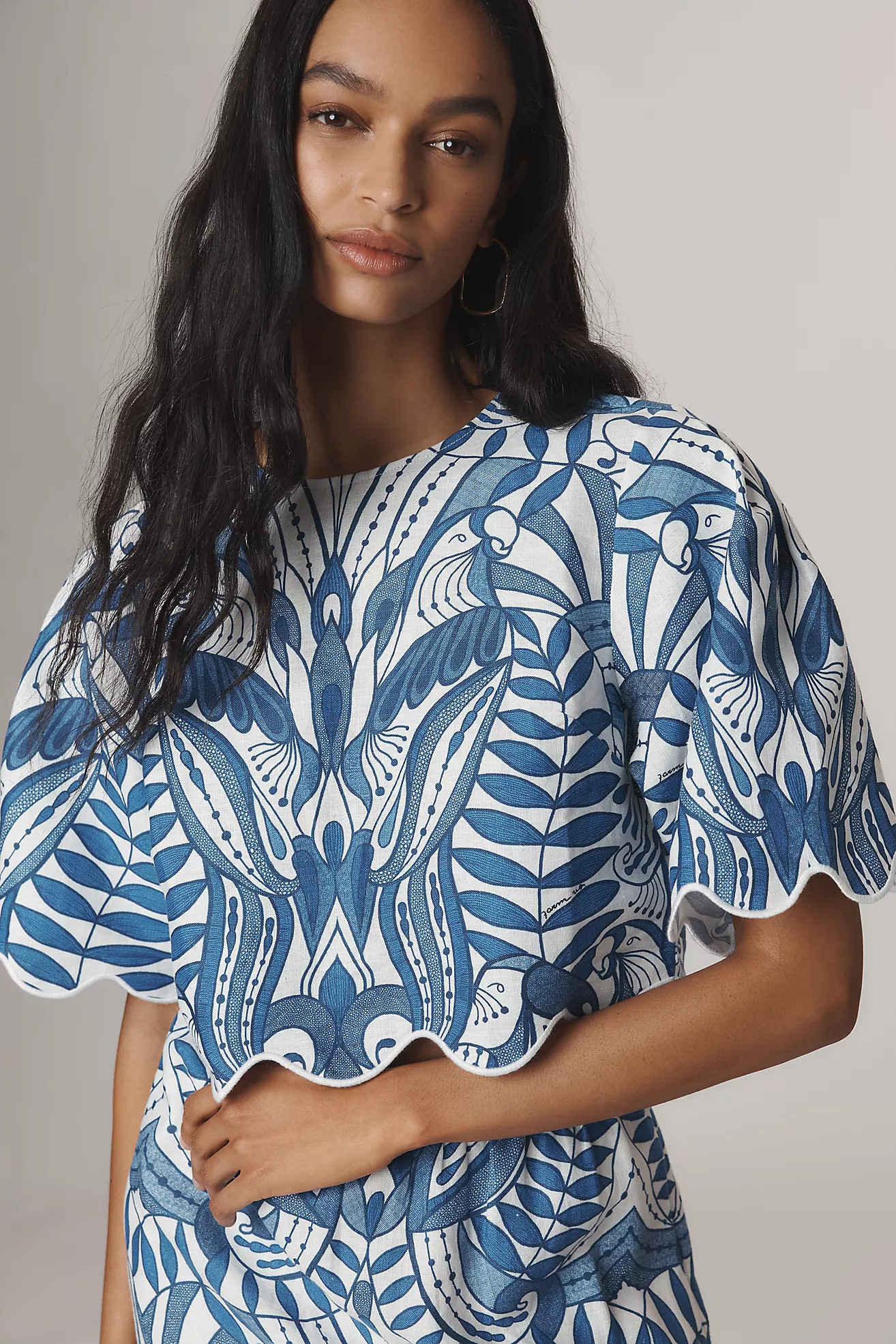 Farm Rio x Anthropologie Linen Lace Nature Short-Sleeve Cropped Blouse | Anthropologie (US)