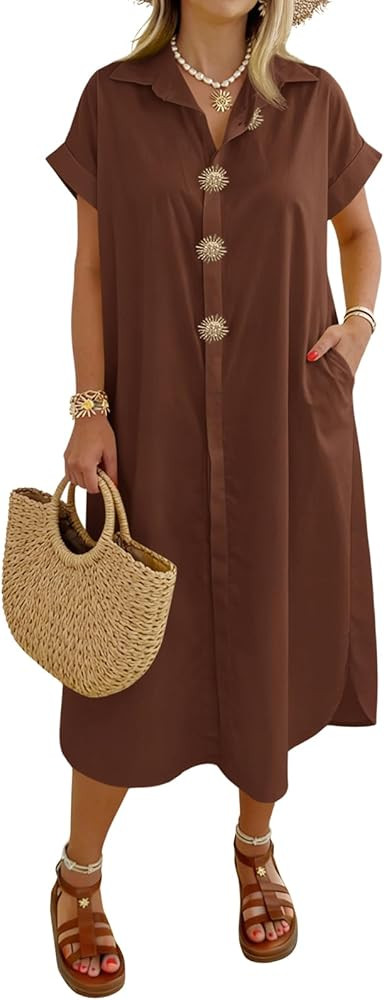 Wenrine Womens Summer Shirt Dress Casual Short Sleeve Button Maxi Dresses Beach Cover Up with Poc... | Amazon (US)