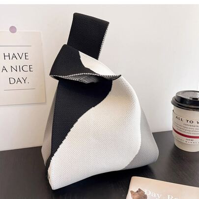 1pc Black & White Knitted Crocheted Hollow Out Handbag/Wristlet, Foldable, Lightweight, Breathable And Suitable For Women/Girls/Ladies/Juniors In All | SHEIN