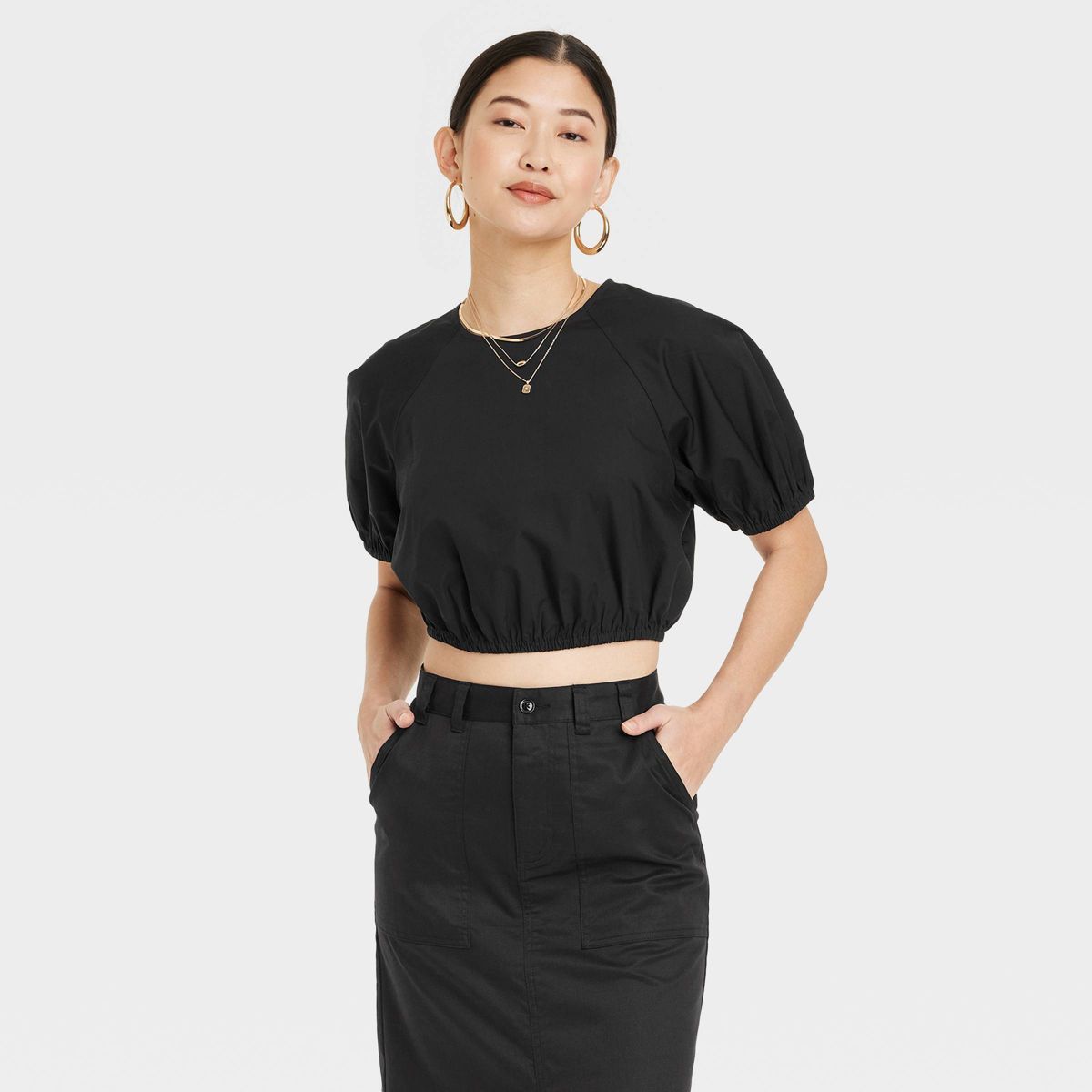 Women's Slim Fit Puff Short Sleeve Top - A New Day™ Black S | Target